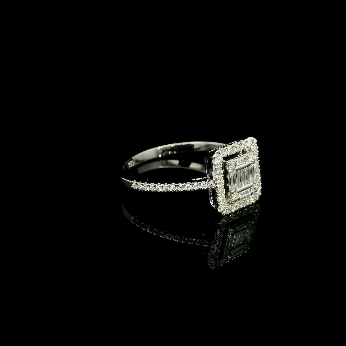 18K White Gold Diamond Halo Ring featuring 0.37 carat natural baguette and round brilliant diamonds in a geometric halo design with a diamond-set band.