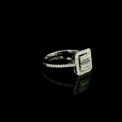 18K White Gold Diamond Halo Ring featuring 0.37 carat natural baguette and round brilliant diamonds in a geometric halo design with a diamond-set band.