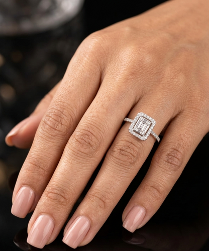 18K White Gold Diamond Halo Ring featuring 0.37 carat natural baguette and round brilliant diamonds in a geometric halo design with a diamond-set band.