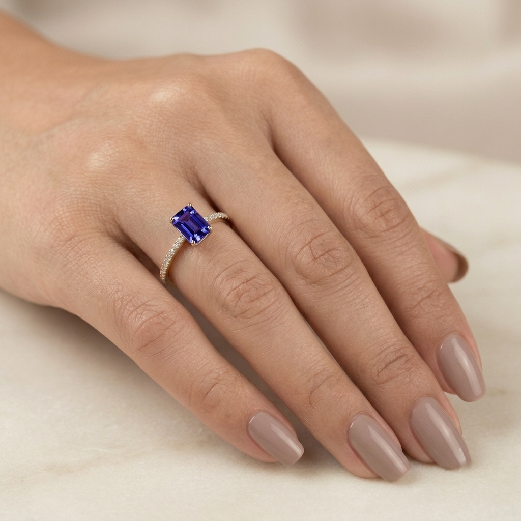 18K Yellow Gold Emerald Cut Tanzanite Ring featuring a 0.49 carat natural emerald cut tanzanite with 0.14 carat natural diamond shoulders in a classic solitaire design.