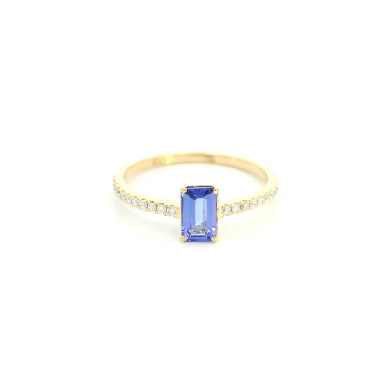 18K Yellow Gold Emerald Cut Tanzanite Ring featuring a 0.49 carat natural emerald cut tanzanite with 0.14 carat natural diamond shoulders in a classic solitaire design.