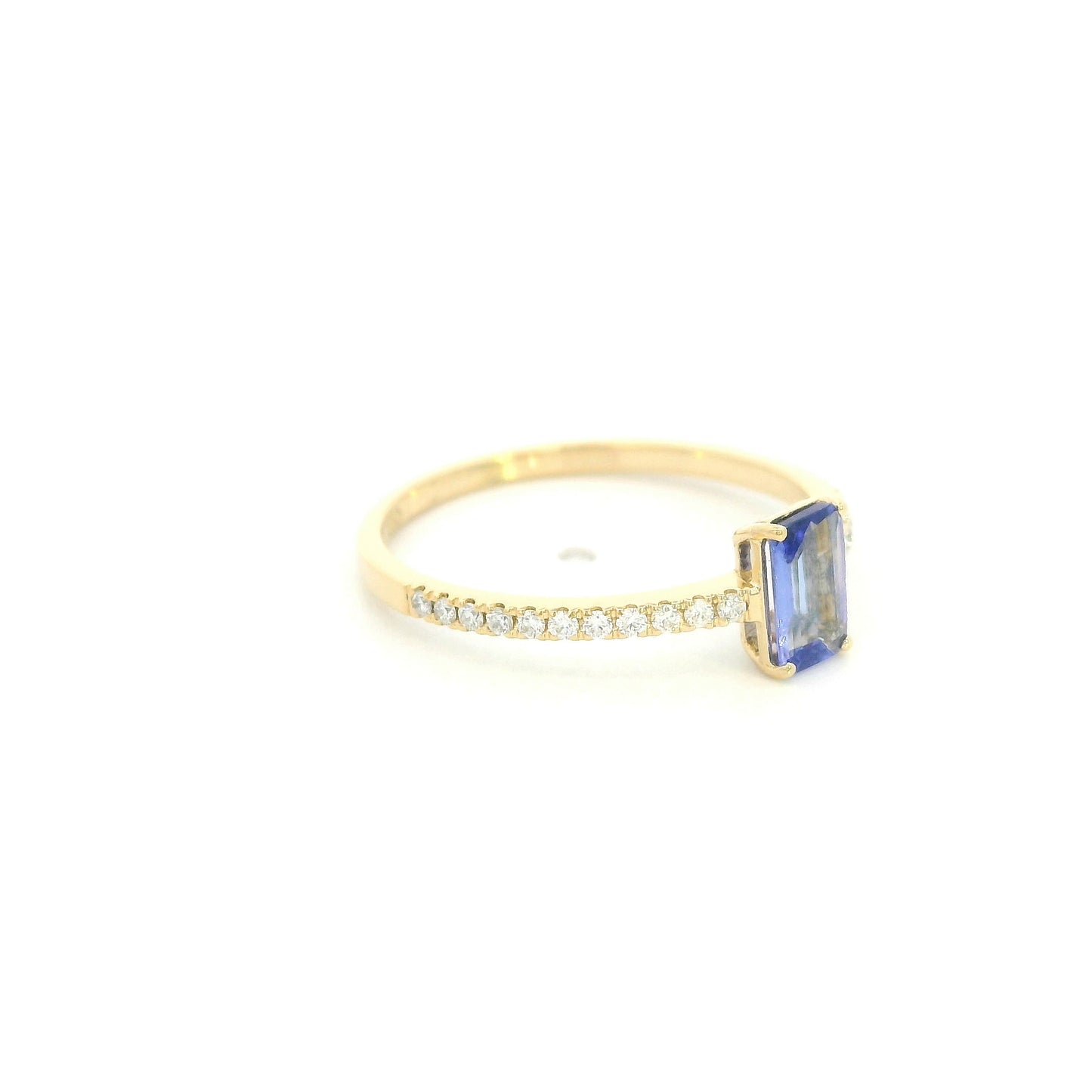 18K Yellow Gold Emerald Cut Tanzanite Ring featuring a 0.49 carat natural emerald cut tanzanite with 0.14 carat natural diamond shoulders in a classic solitaire design.