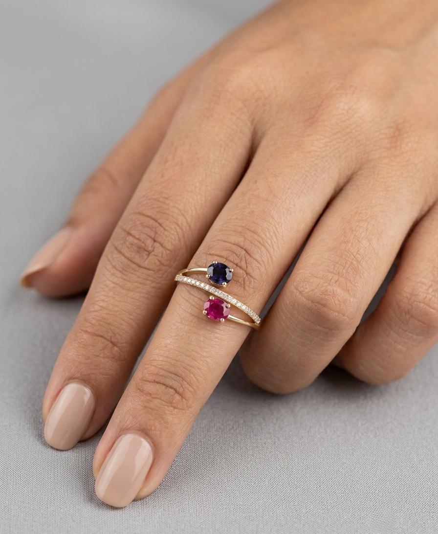 18K Yellow Gold Ruby and Blue Sapphire Toi et Moi Ring with Natural Diamond Band