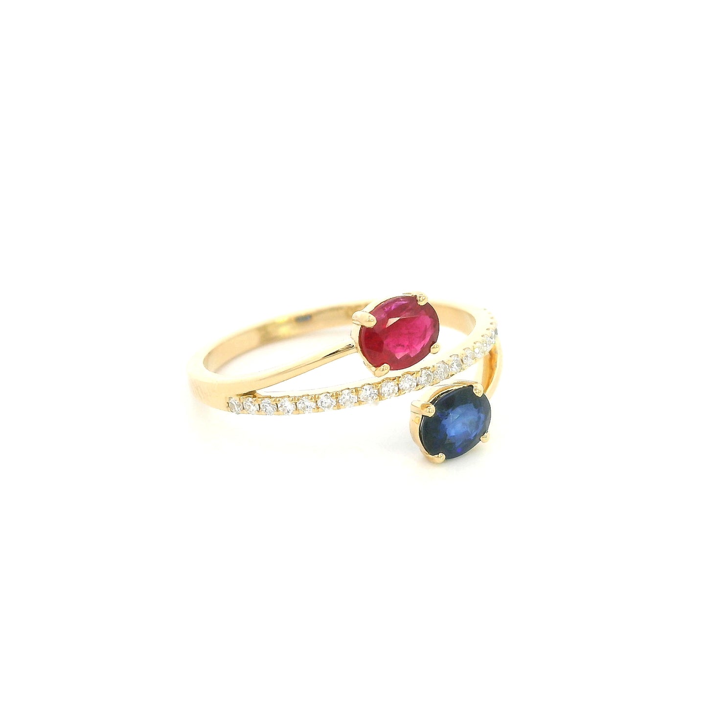 18K Yellow Gold Ruby and Blue Sapphire Toi et Moi Ring with Natural Diamond Band