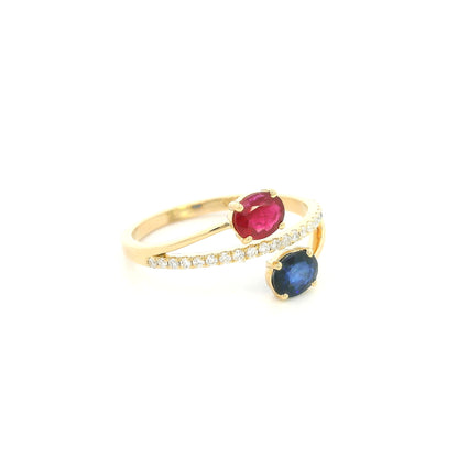 18K Yellow Gold Ruby and Blue Sapphire Toi et Moi Ring with Natural Diamond Band
