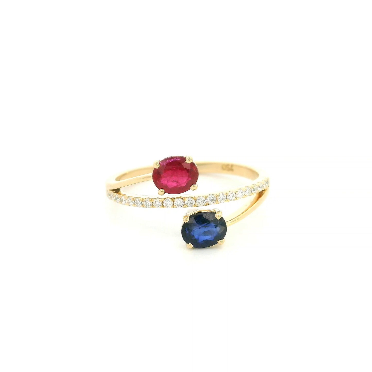 18K Yellow Gold Ruby and Blue Sapphire Toi et Moi Ring with Natural Diamond Band