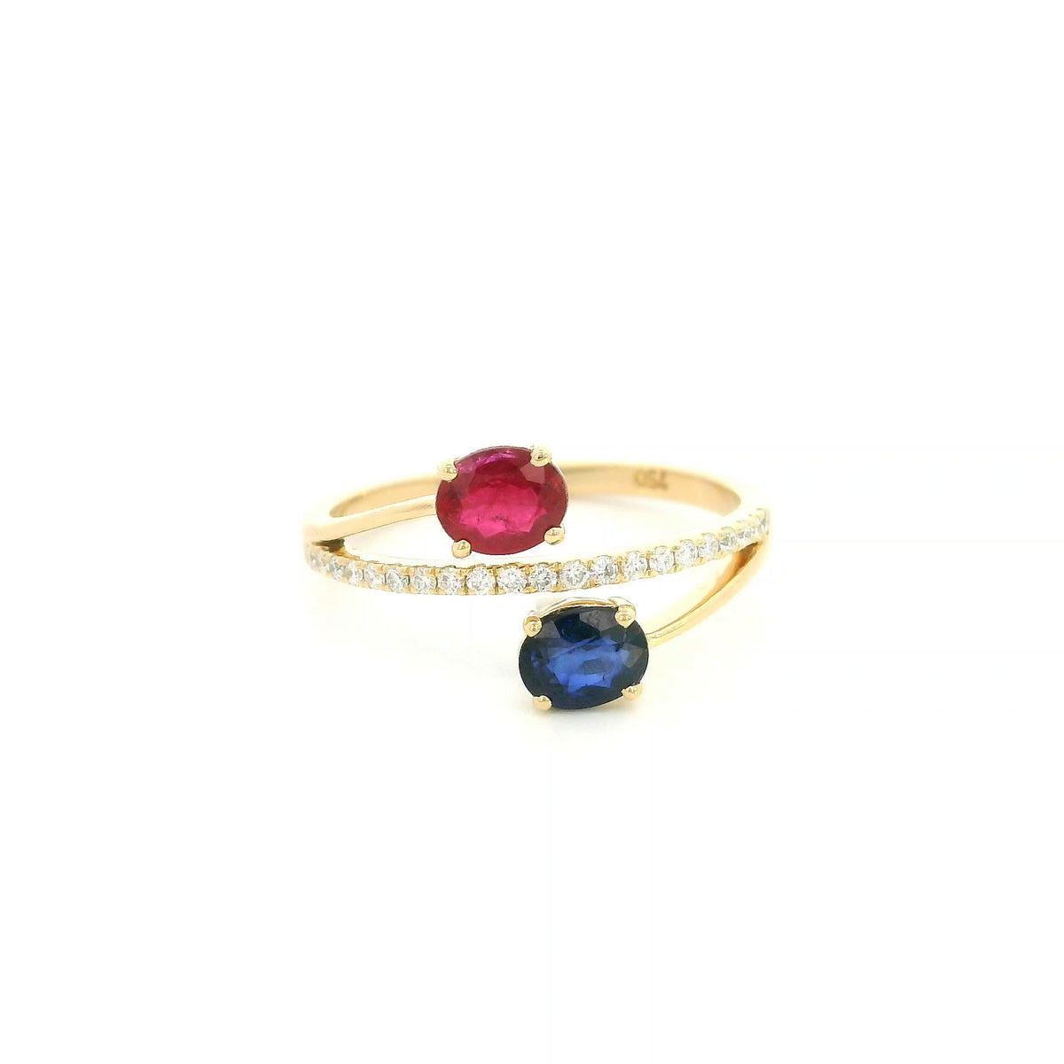 18K Yellow Gold Ruby and Blue Sapphire Toi et Moi Ring with Natural Diamond Band