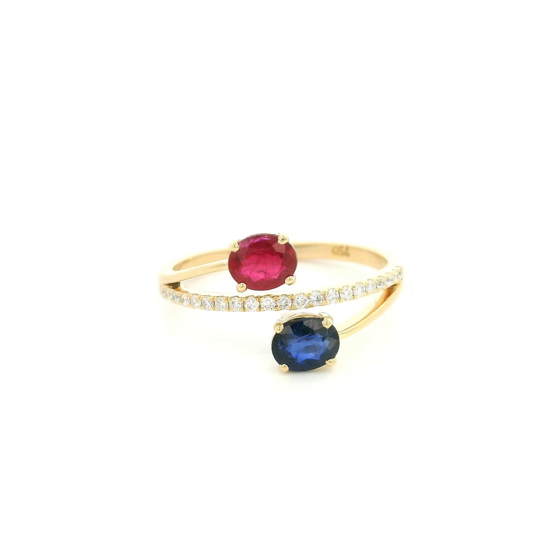 18K Yellow Gold Ruby and Blue Sapphire Toi et Moi Ring with Natural Diamond Band