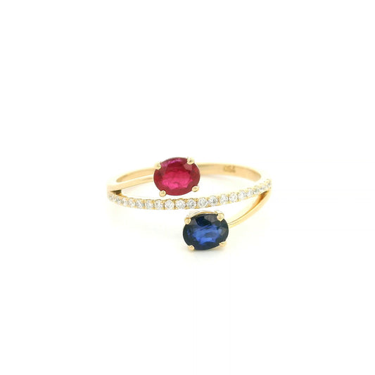 18K Yellow Gold Ruby and Blue Sapphire Toi et Moi Ring with Natural Diamond Band