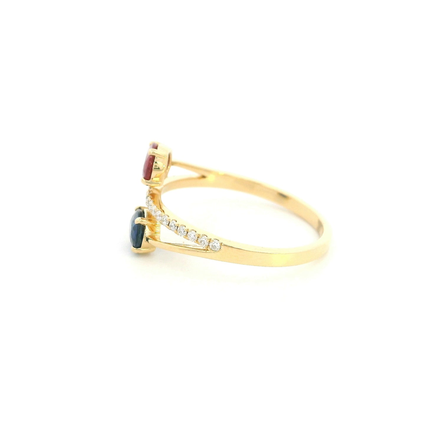 18K Yellow Gold Ruby and Blue Sapphire Toi et Moi Ring with Natural Diamond Band