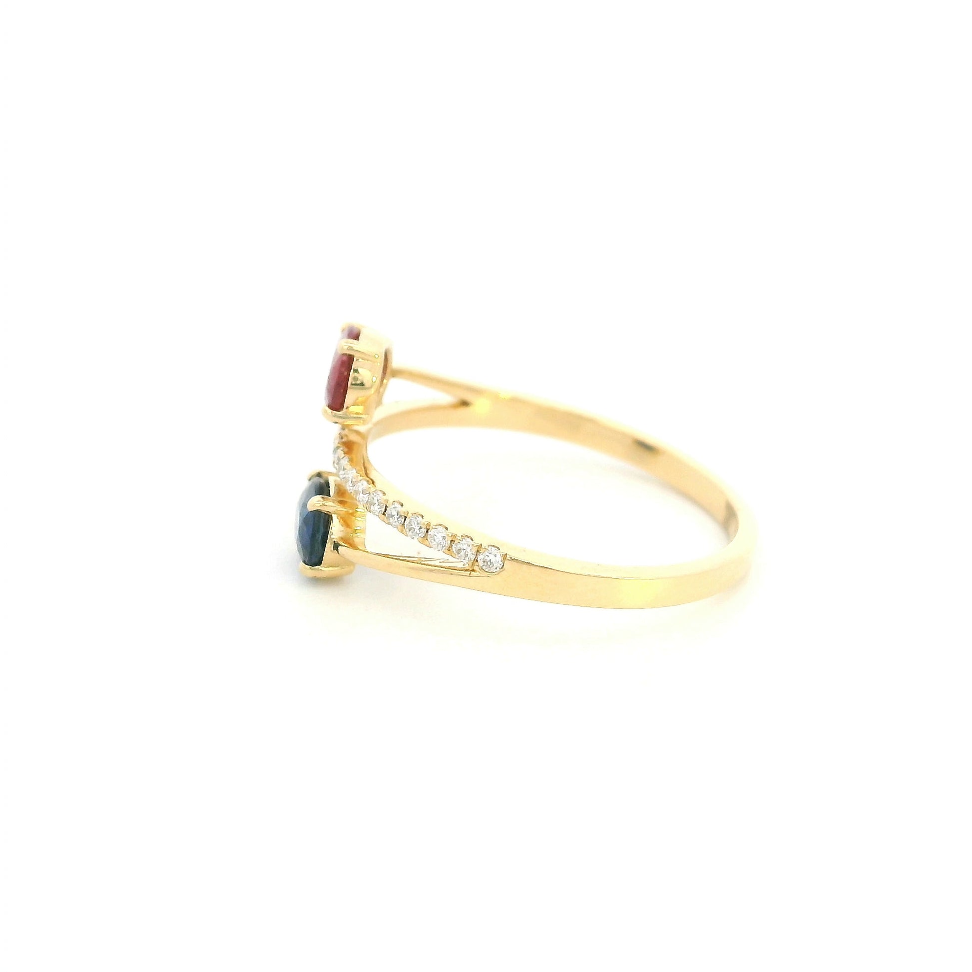 18K Yellow Gold Ruby and Blue Sapphire Toi et Moi Ring with Natural Diamond Band