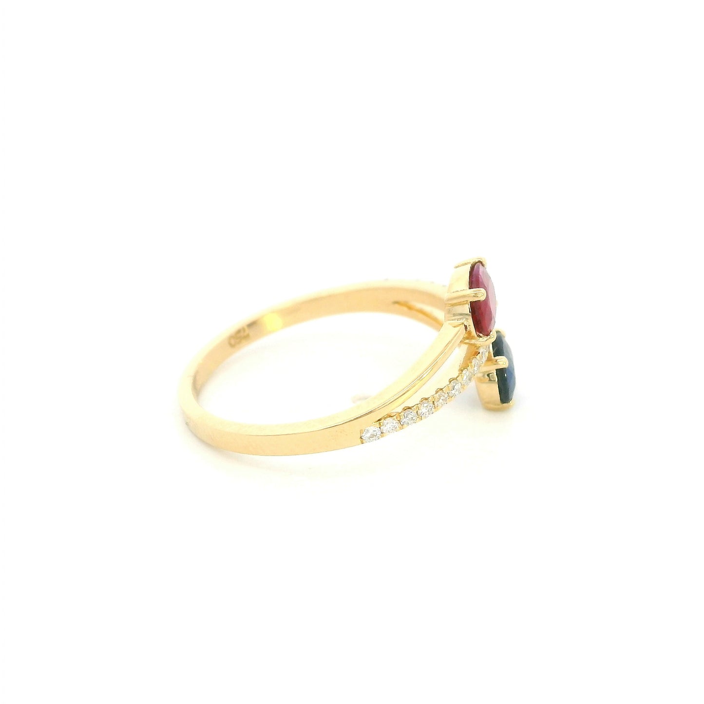 18K Yellow Gold Ruby and Blue Sapphire Toi et Moi Ring with Natural Diamond Band
