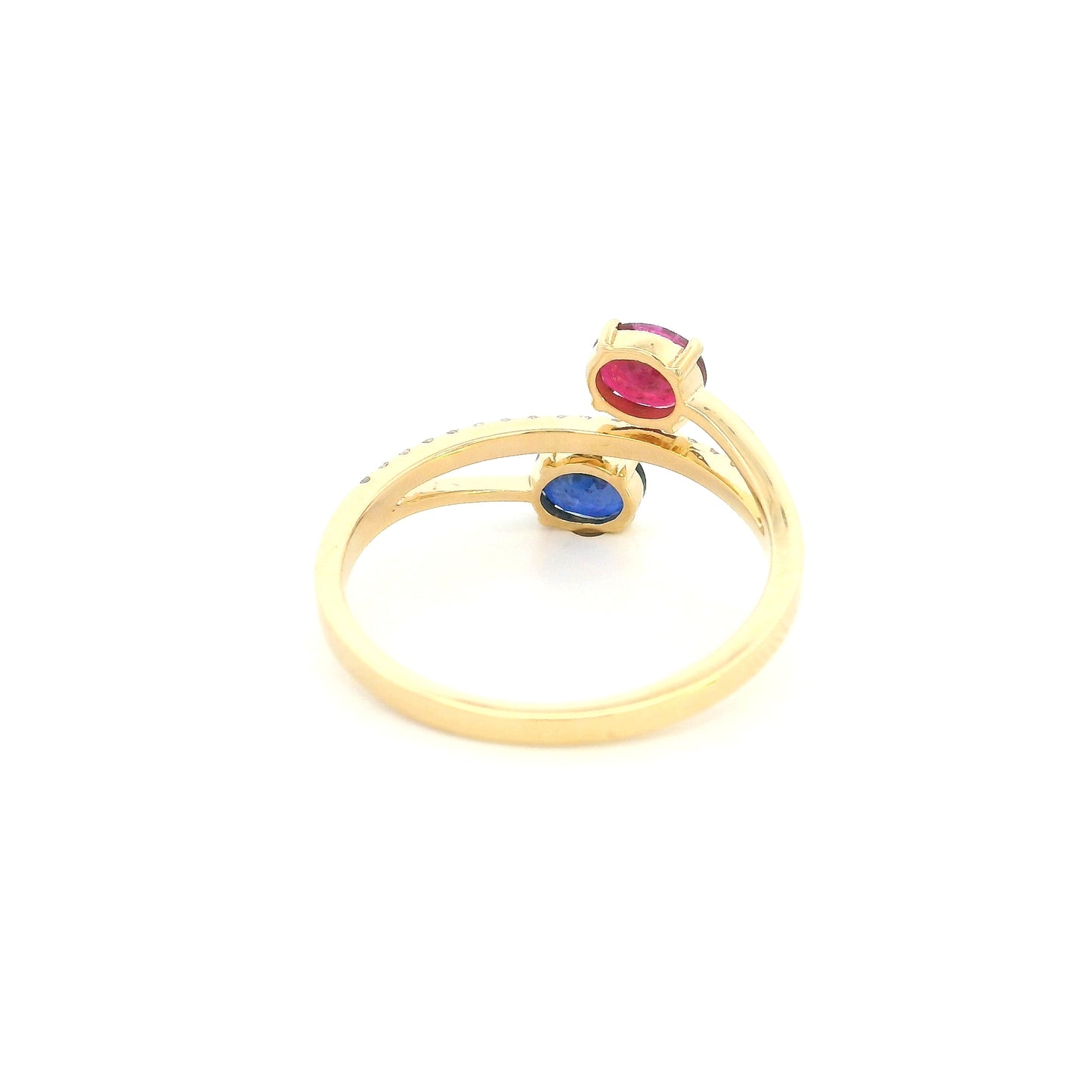 18K Yellow Gold Ruby and Blue Sapphire Toi et Moi Ring with Natural Diamond Band