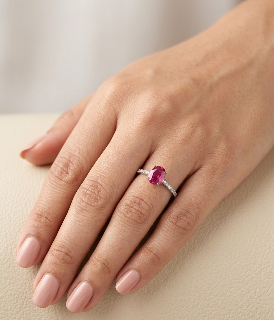 Ruby diamond ring in 18K white gold featuring a natural 1.32 carat oval-cut ruby with a diamond-set band.