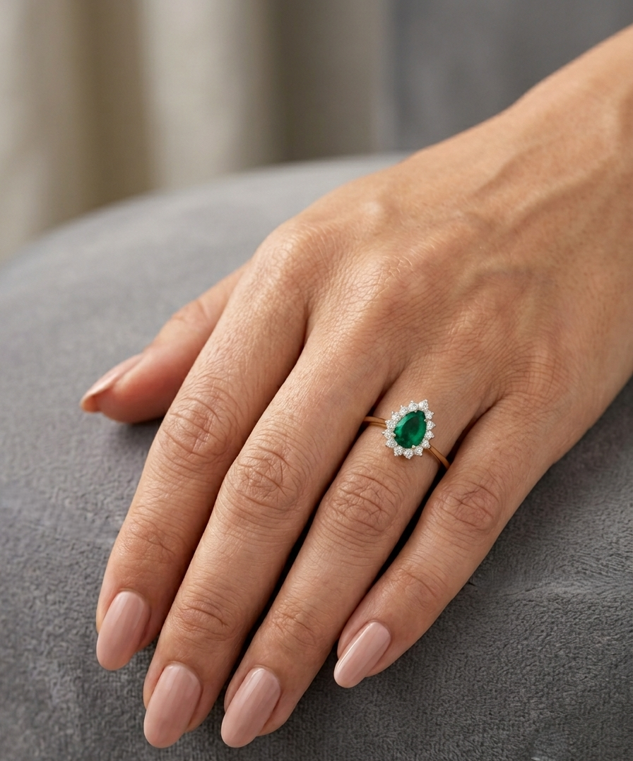Pear shaped natural emerald diamond halo ring in 18K yellow gold