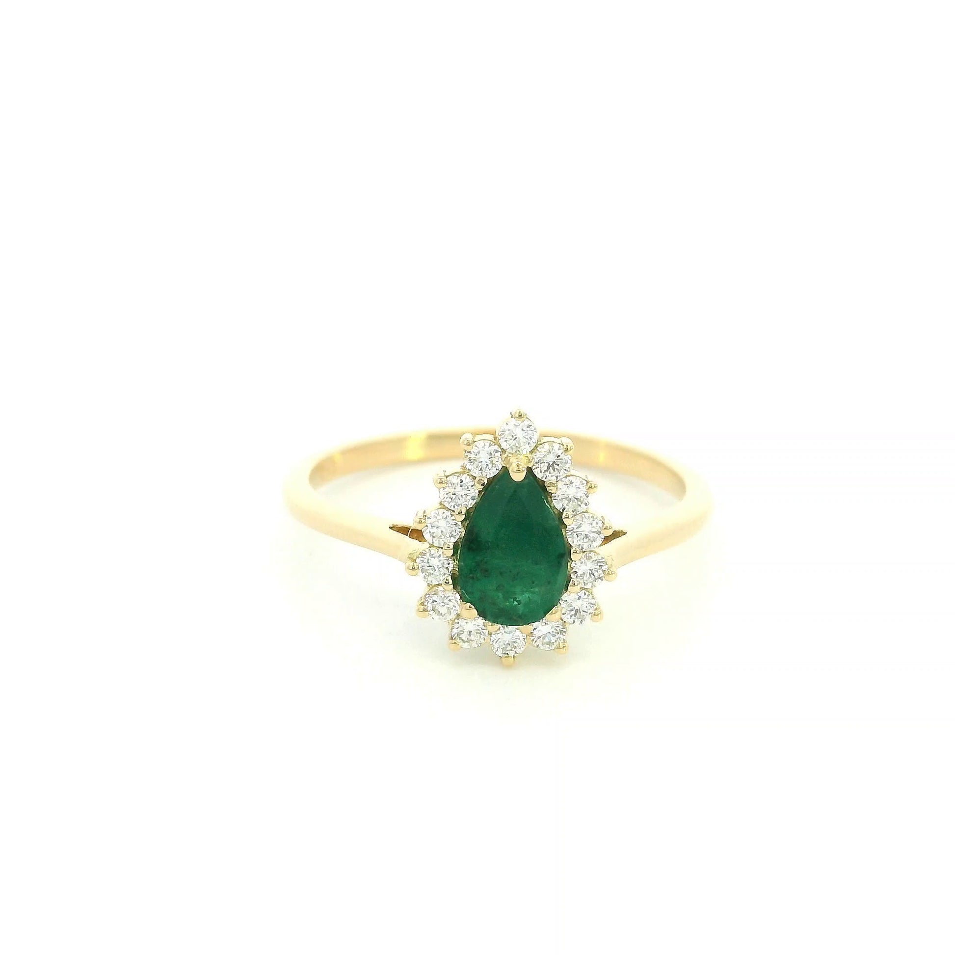 Pear shaped natural emerald diamond halo ring in 18K yellow gold