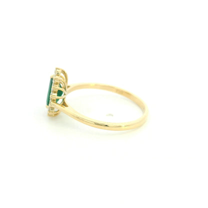 Pear shaped natural emerald diamond halo ring in 18K yellow gold