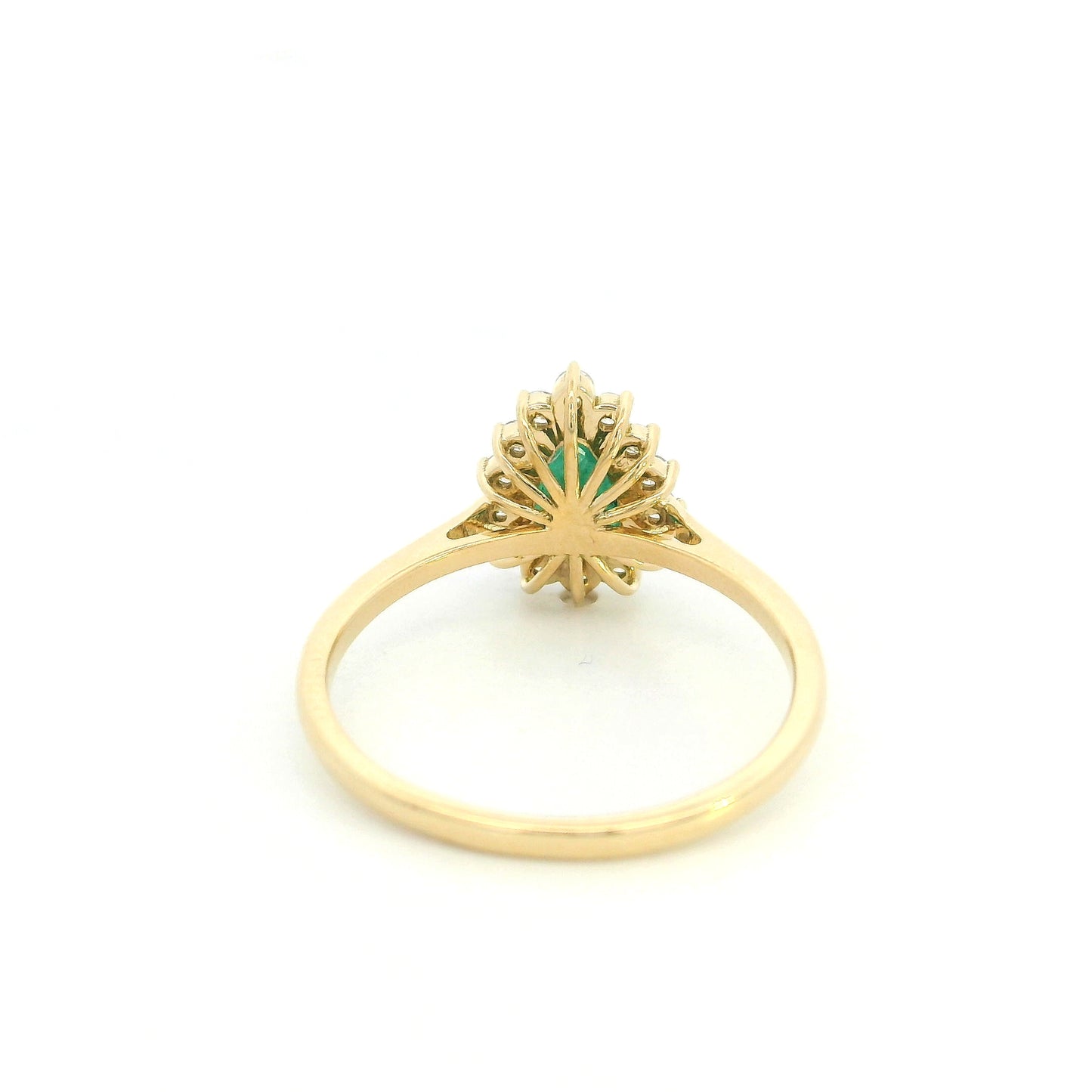Pear shaped natural emerald diamond halo ring in 18K yellow gold