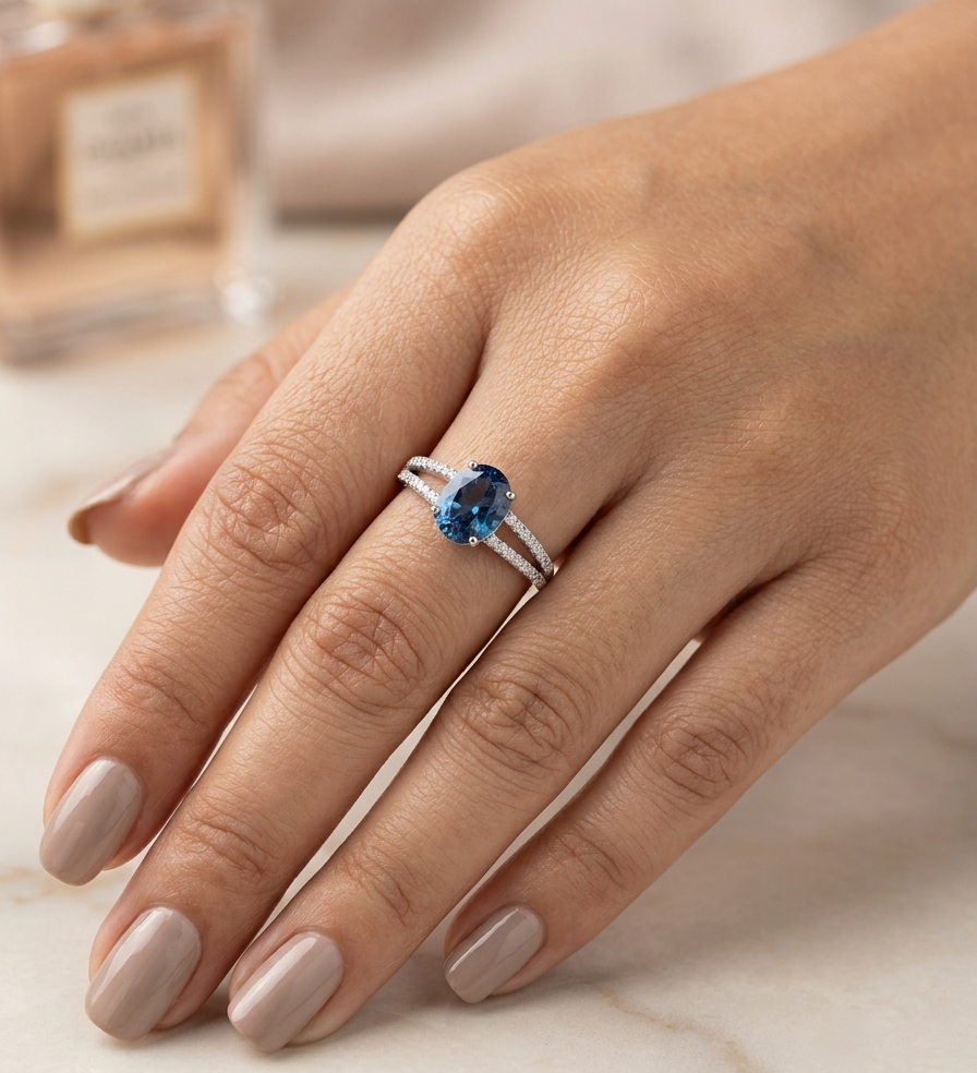 Natural London Blue Topaz ring in 18K white gold featuring a 2.22 carat oval London Blue Topaz with a split shank and 0.36 carat natural diamond band.