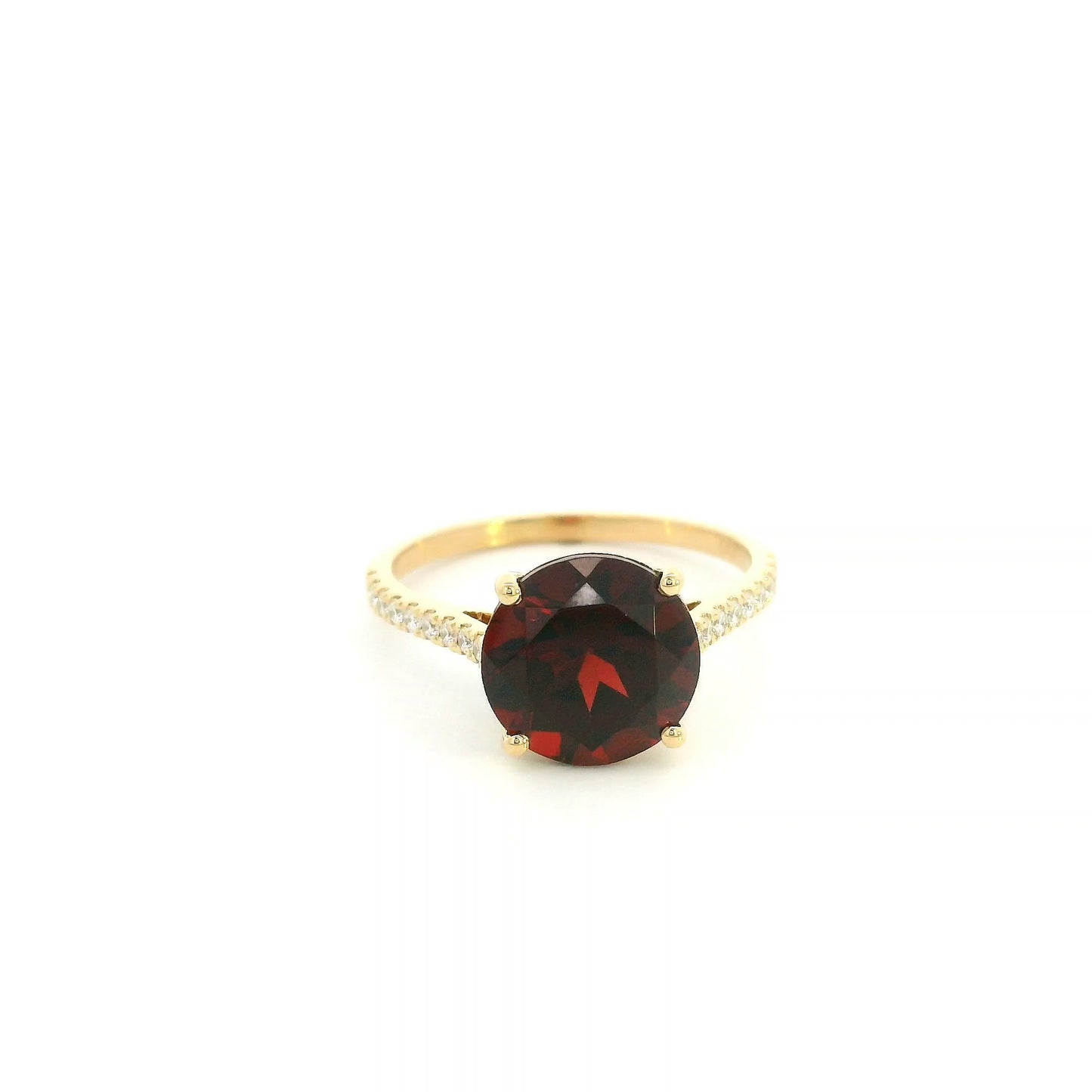 Garnet diamond ring in 18K yellow gold featuring a natural 4.59 carat round-cut garnet with a diamond-set band.
