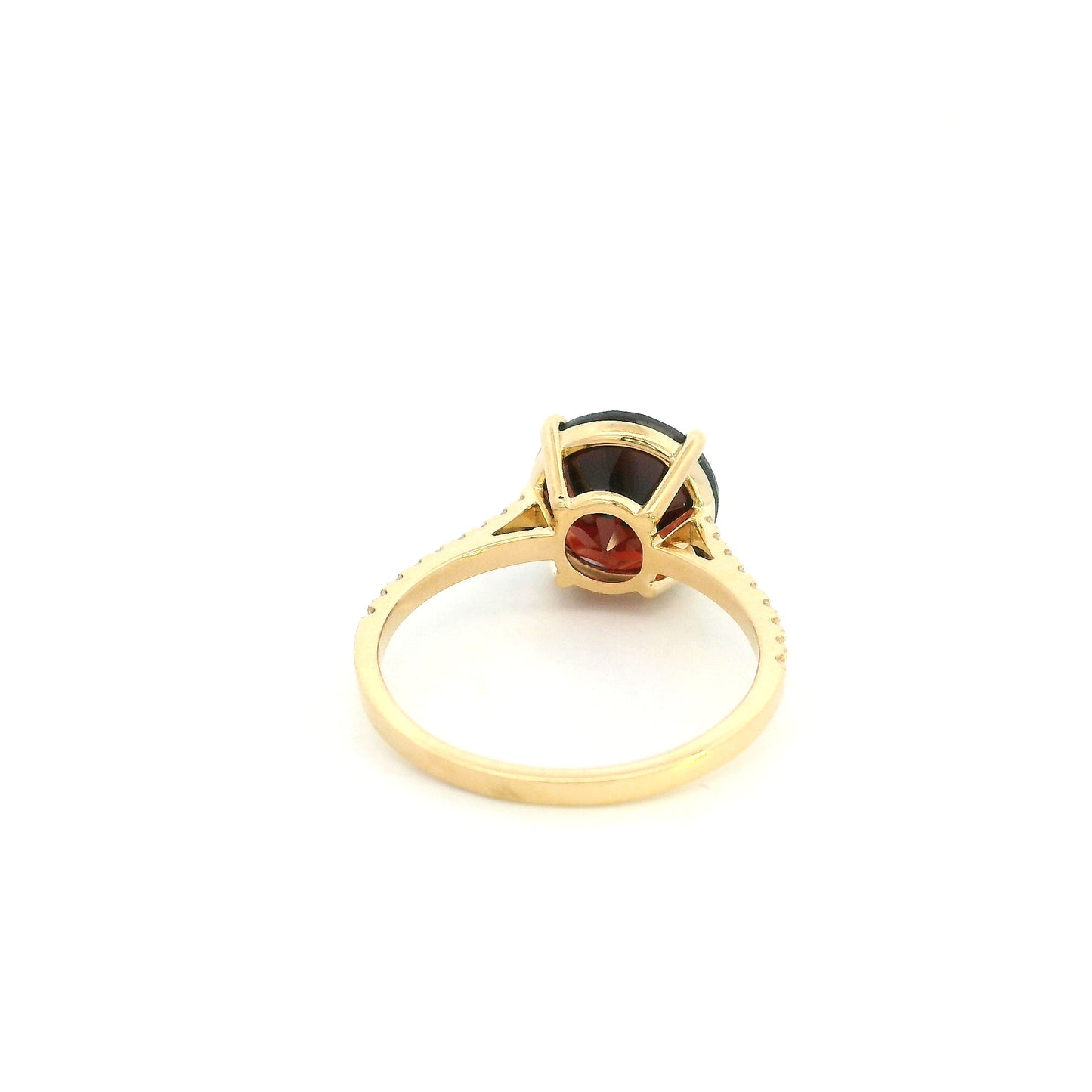 Garnet diamond ring in 18K yellow gold featuring a natural 4.59 carat round-cut garnet with a diamond-set band.