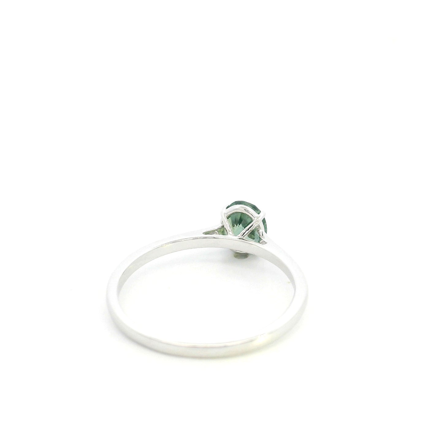Oval green sapphire solitaire ring in 18K white gold with 1.11 carat natural green sapphire