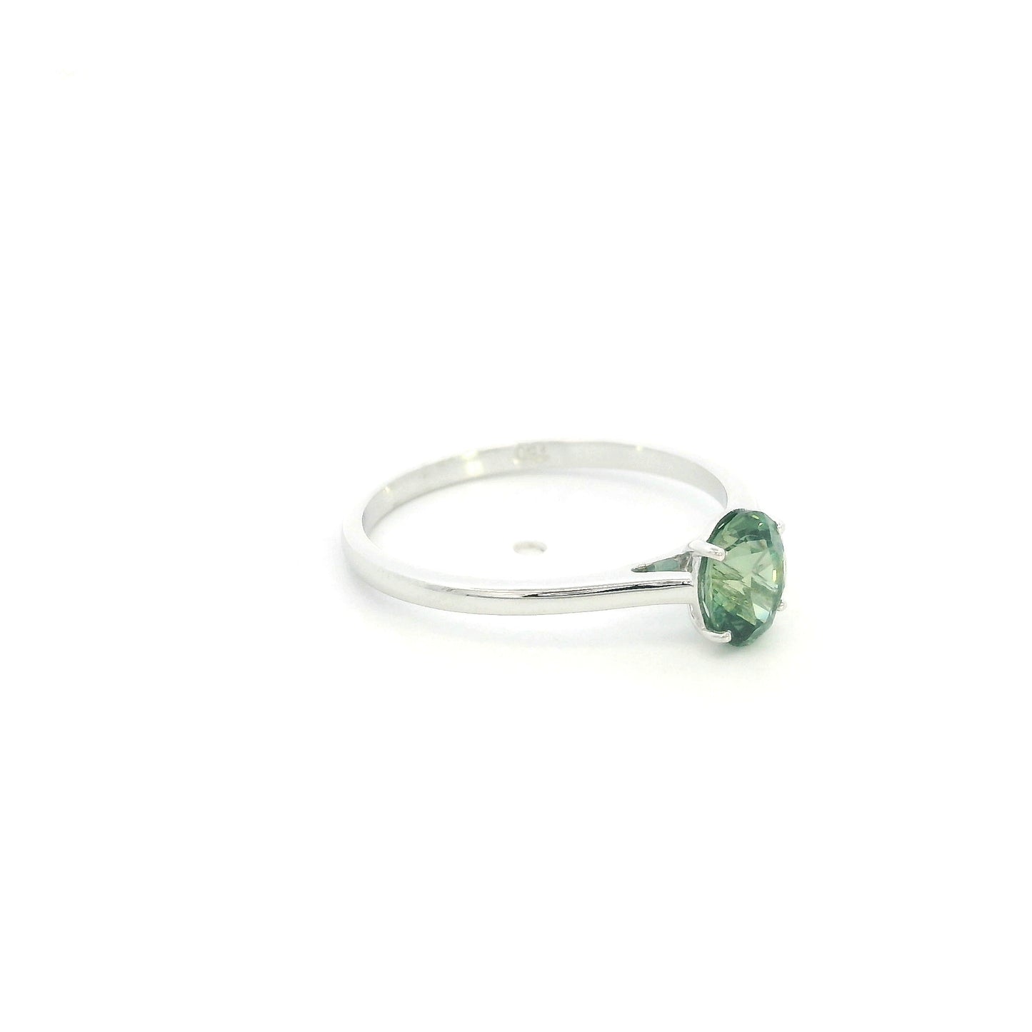 Oval green sapphire solitaire ring in 18K white gold with 1.11 carat natural green sapphire