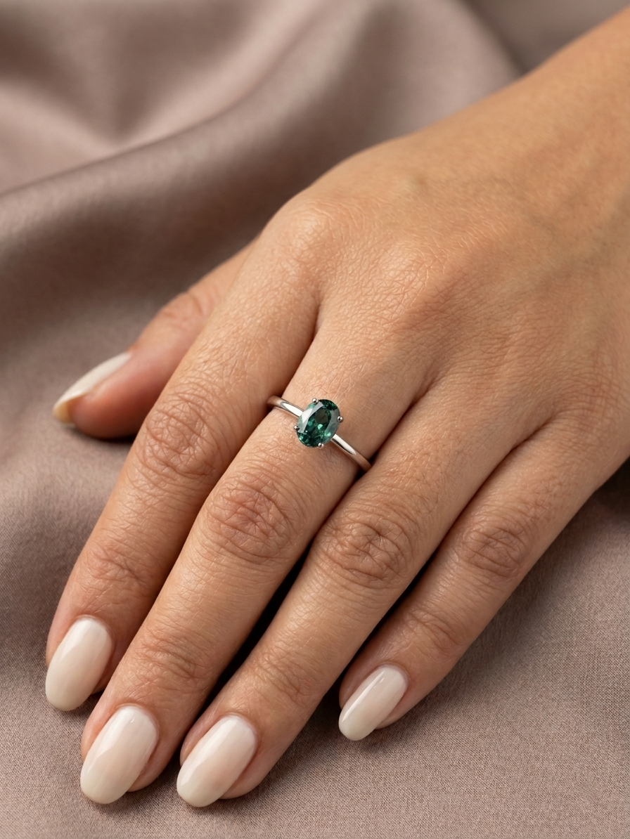 Oval green sapphire solitaire ring in 18K white gold with 1.11 carat natural green sapphire