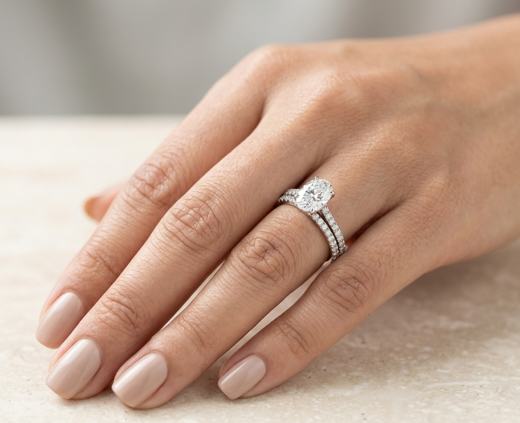 Oval cut diamond bridal set in 18K white gold featuring a GIA certified 1.50 carat natural oval diamond with matching diamond wedding band.