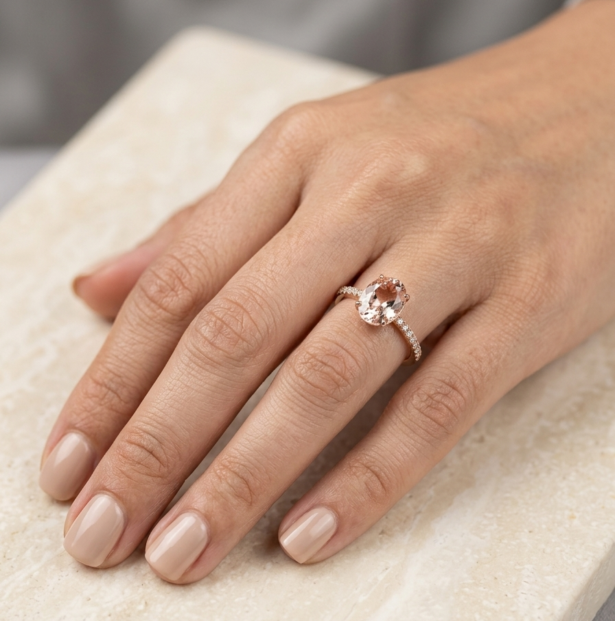Oval morganite diamond ring handcrafted in 18K rose gold featuring a 1.84 carat natural oval morganite with 0.16 carat natural diamond pavé band.