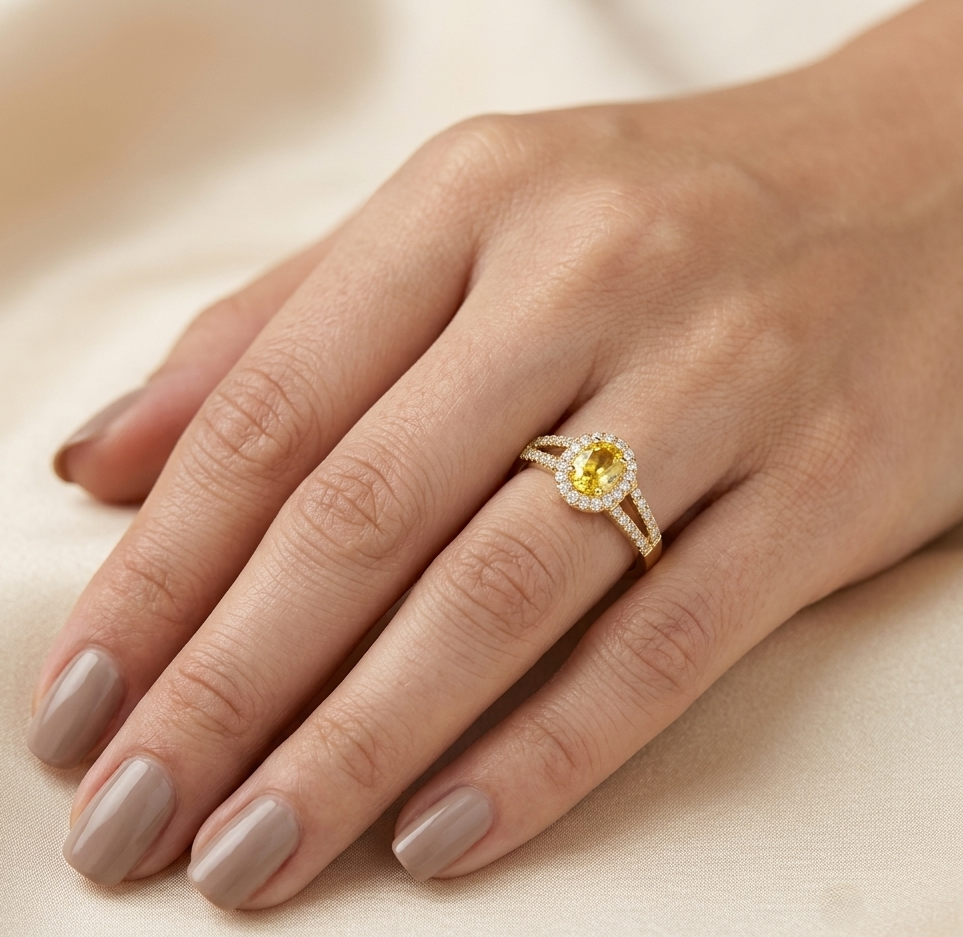 Natural yellow sapphire halo ring in 18K yellow gold featuring a 0.58 carat oval yellow sapphire with a split shank and 0.26 carat natural diamonds.