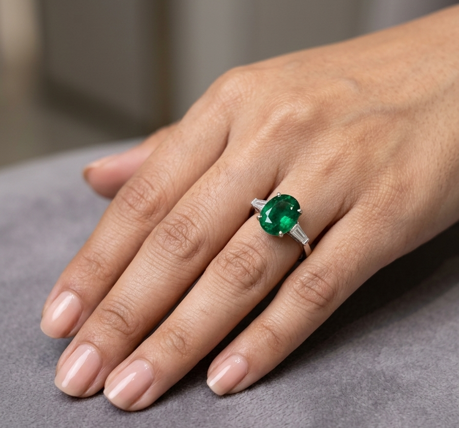 Natural oval emerald and tapered baguette diamond three stone ring in 18K white gold with a 4.03 carat centre emerald.