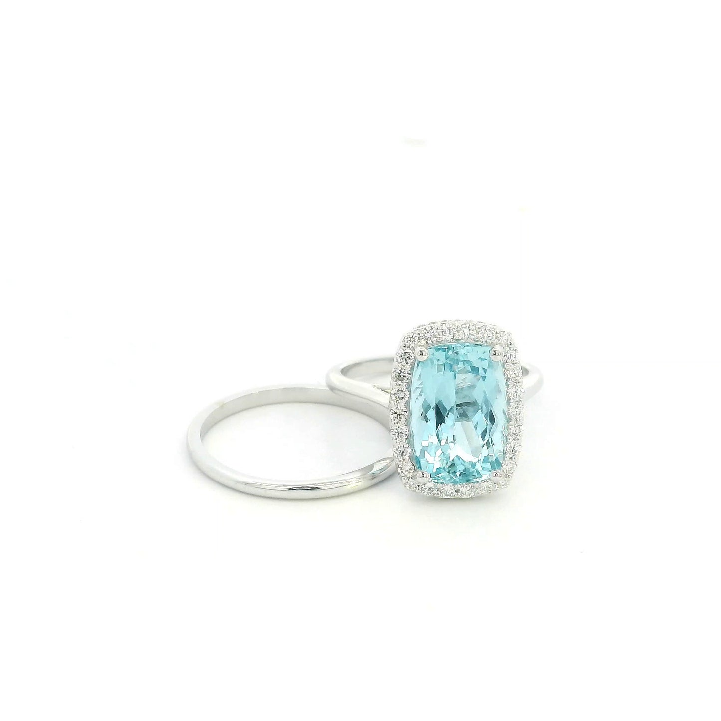 18K White Gold Aquamarine Bridal Set with Cushion Halo Engagement Ring and Matching Wedding Band