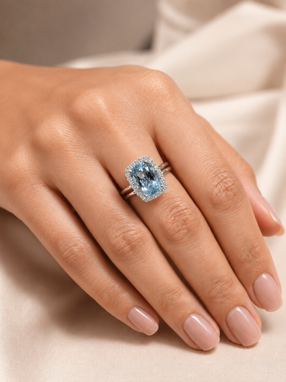 18K White Gold Aquamarine Bridal Set with Cushion Halo Engagement Ring and Matching Wedding Band