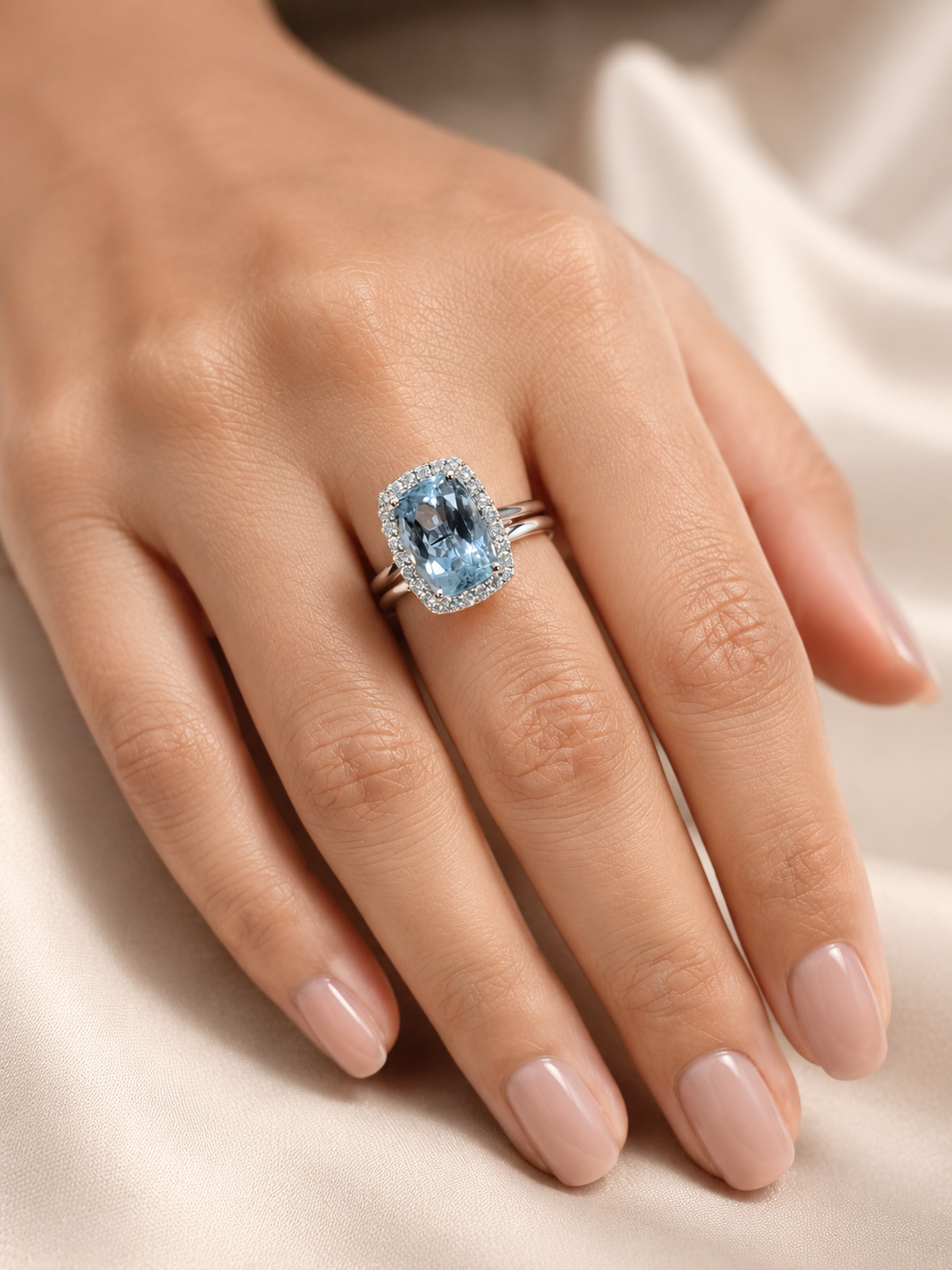 18K White Gold Aquamarine Bridal Set with Cushion Halo Engagement Ring and Matching Wedding Band