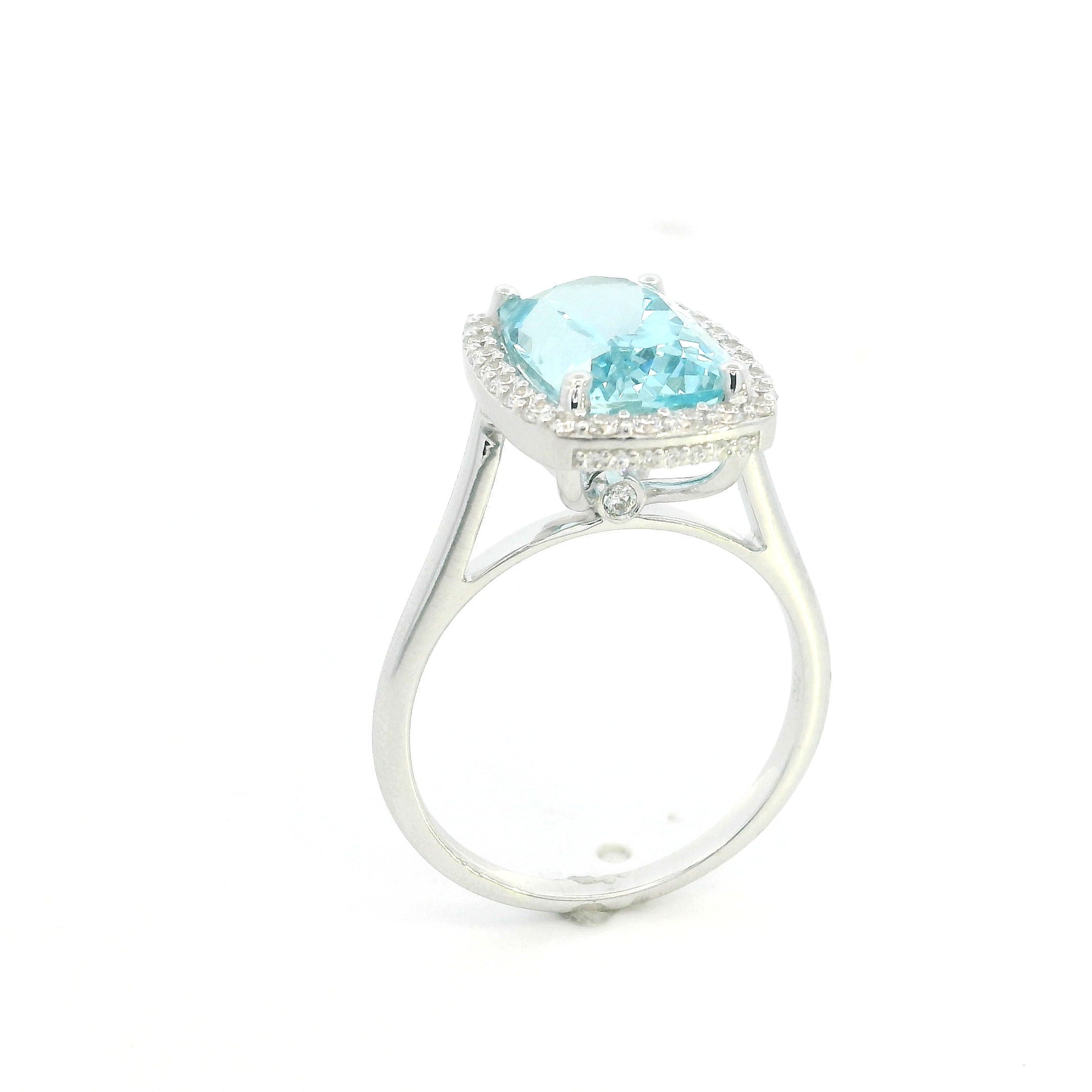 18K White Gold Aquamarine Bridal Set with Cushion Halo Engagement Ring and Matching Wedding Band