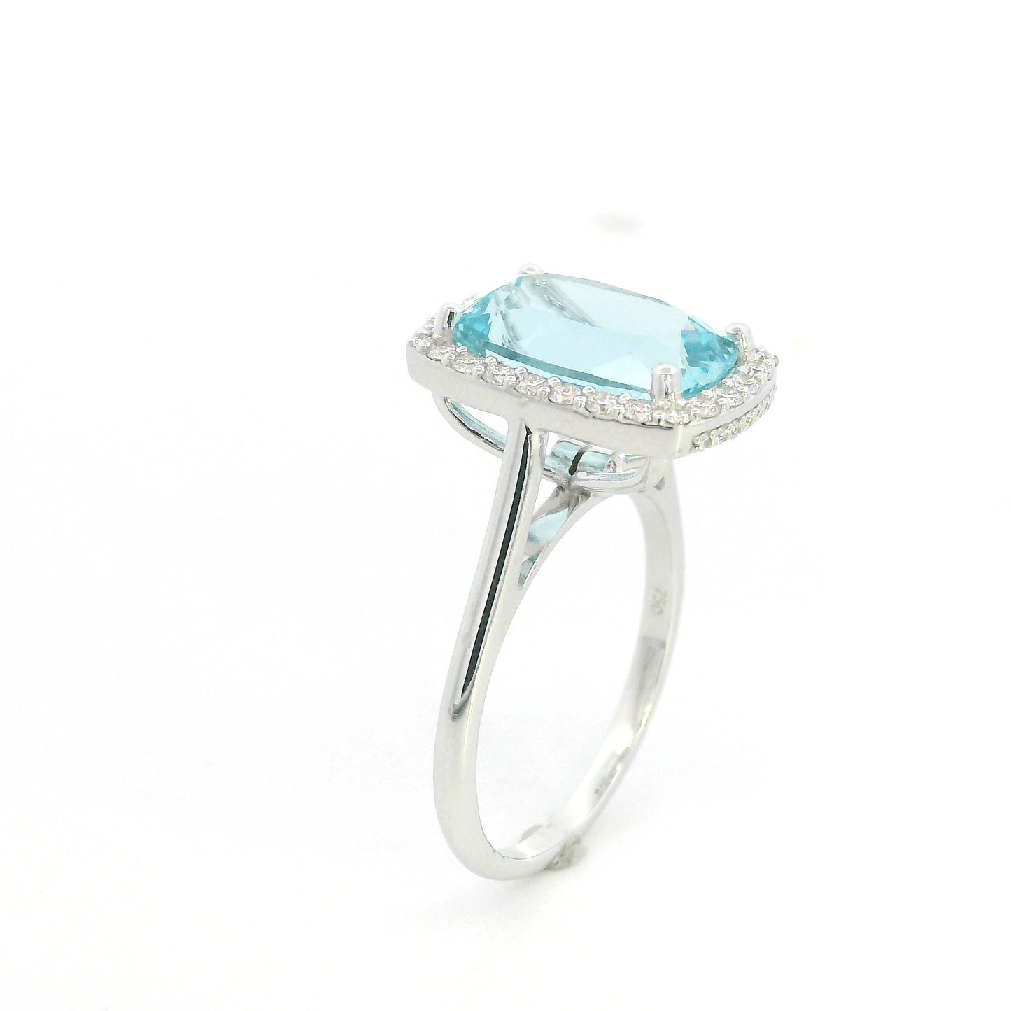 18K White Gold Aquamarine Bridal Set with Cushion Halo Engagement Ring and Matching Wedding Band