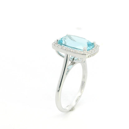 18K White Gold Aquamarine Bridal Set with Cushion Halo Engagement Ring and Matching Wedding Band