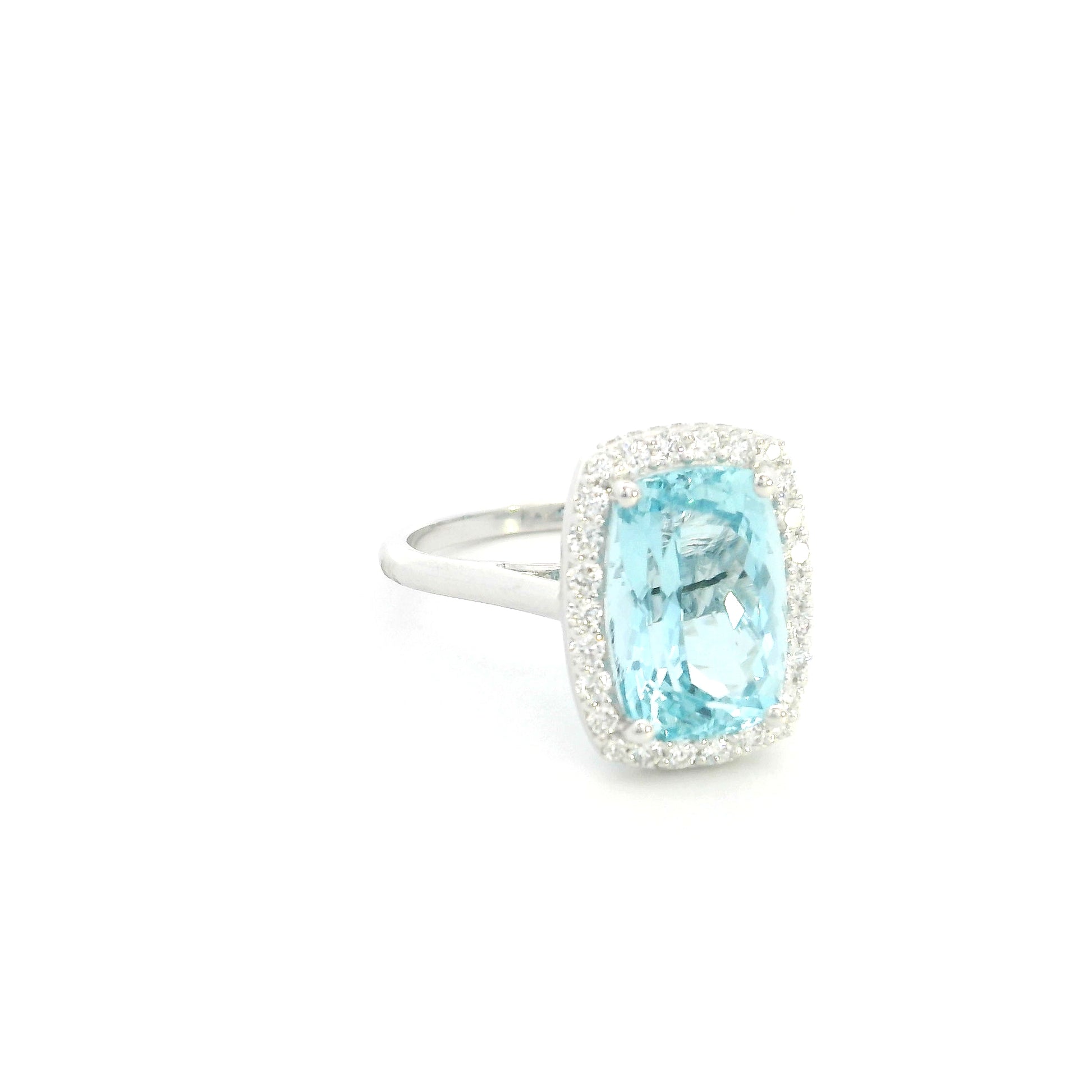 18K White Gold Aquamarine Bridal Set with Cushion Halo Engagement Ring and Matching Wedding Band