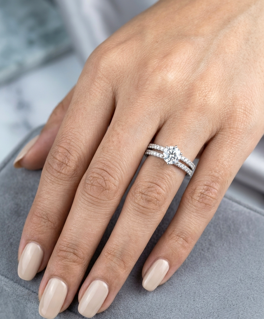 Round diamond bridal set in 18K white gold with GIA certified natural diamond engagement ring and matching diamond wedding band.