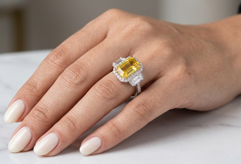 Emerald Cut Yellow Sapphire Diamond Ring in 18K White Gold