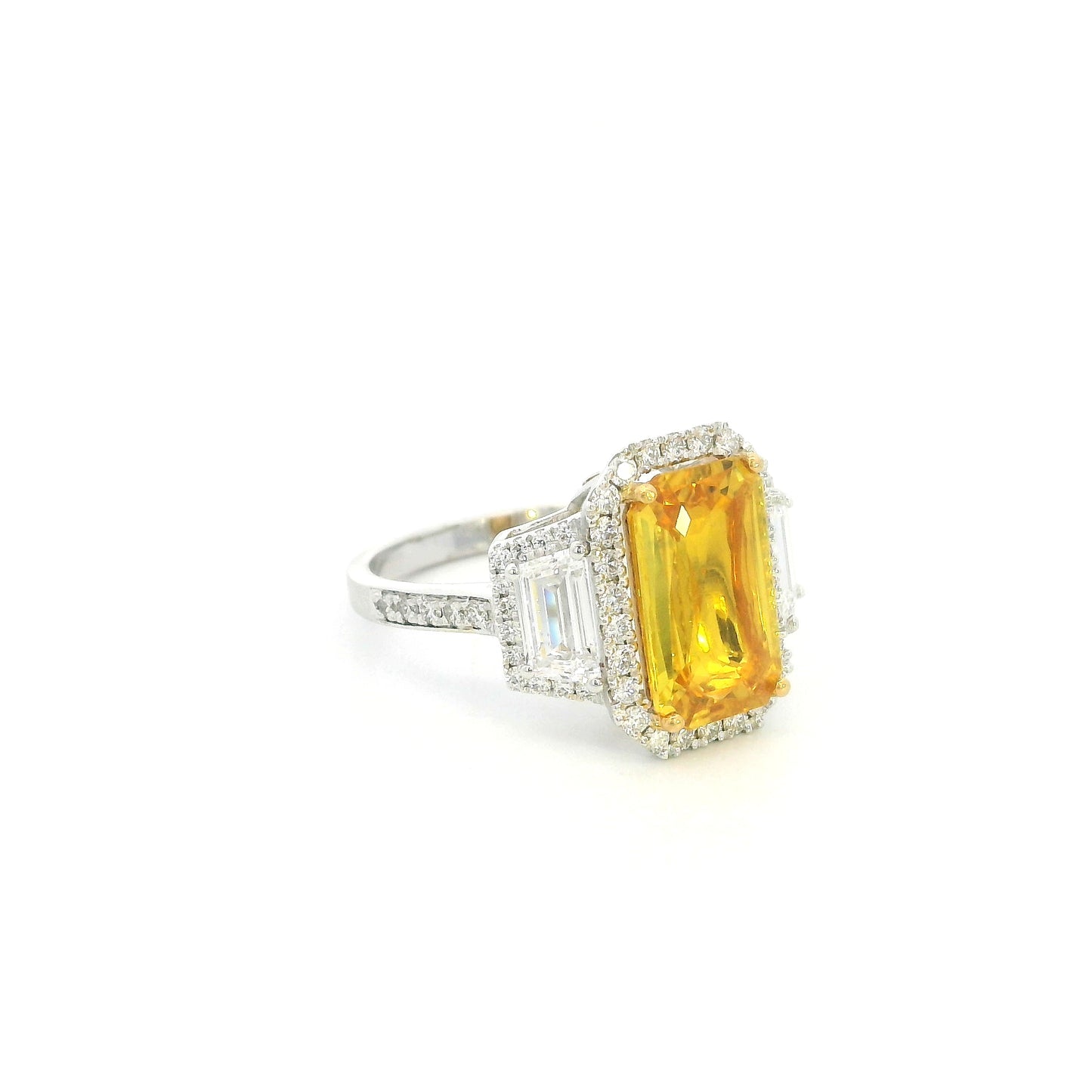 Emerald Cut Yellow Sapphire Diamond Ring in 18K White Gold