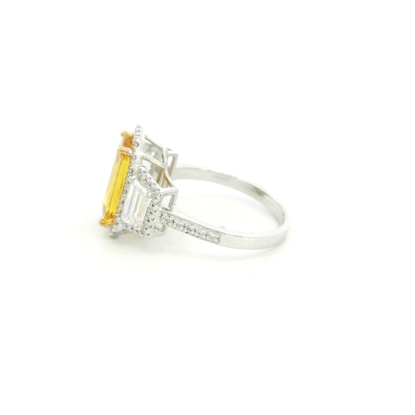 Emerald Cut Yellow Sapphire Diamond Ring in 18K White Gold