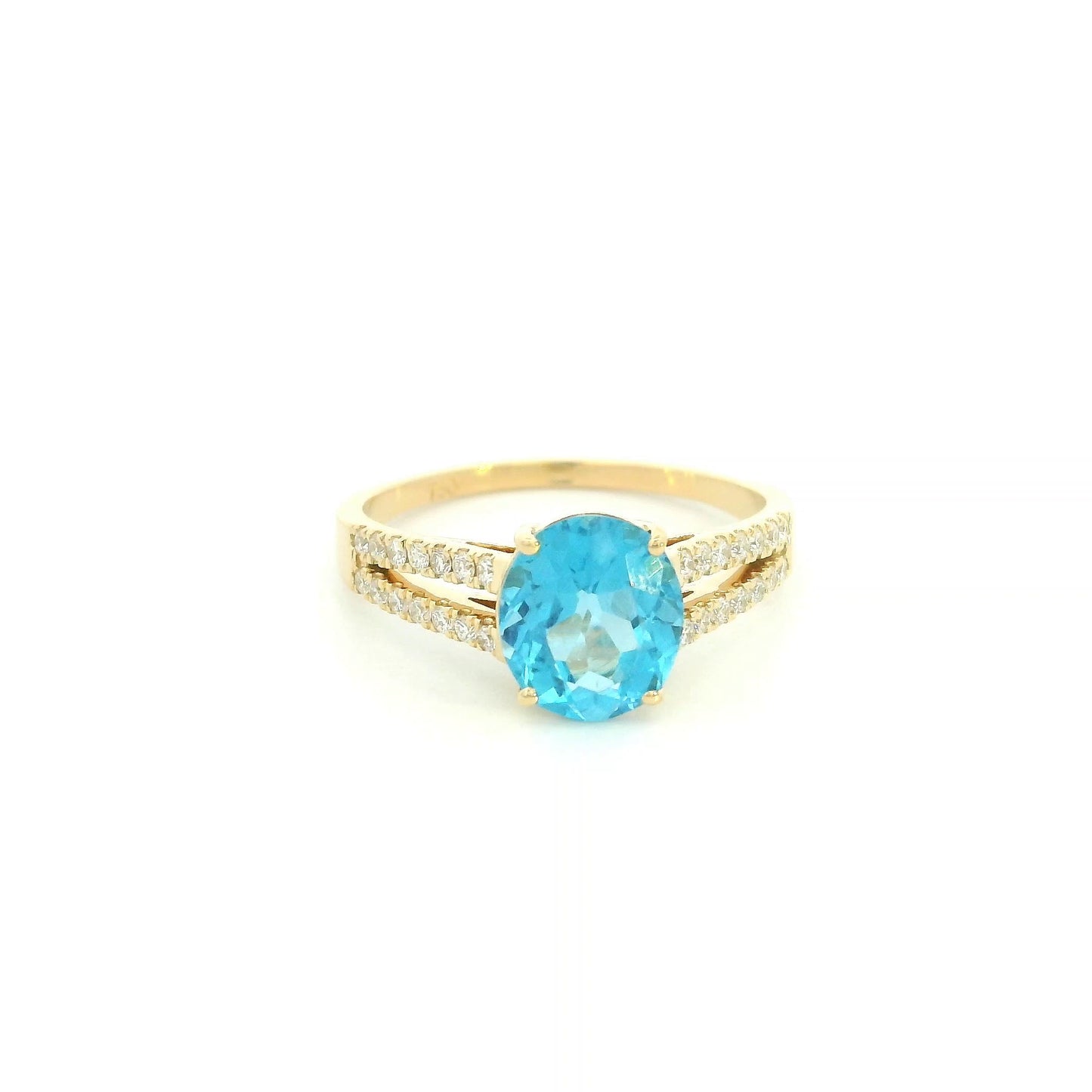 18K yellow gold Swiss blue topaz ring with oval centre stone and double-row diamond split shoulders.