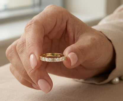 18K Yellow Gold Round and Baguette Diamond Wedding Band with 0.45 Carat Natural Diamonds