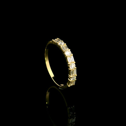 18K Yellow Gold Round and Baguette Diamond Wedding Band with 0.45 Carat Natural Diamonds