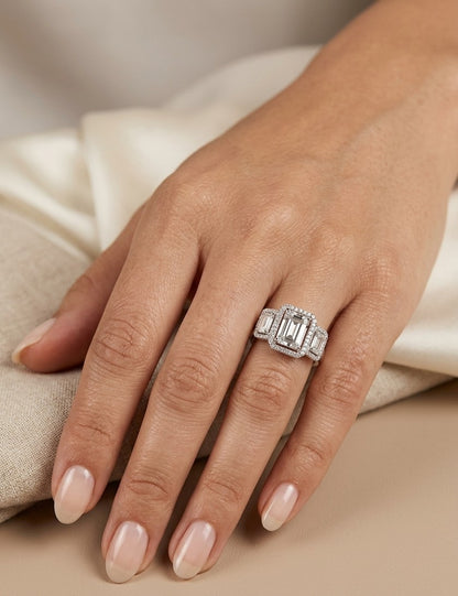 Round and baguette diamond statement ring in 18K white gold with 1.34 carats of natural diamonds