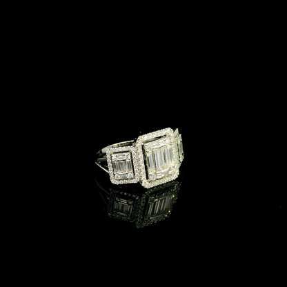 Round and baguette diamond statement ring in 18K white gold with 1.34 carats of natural diamonds