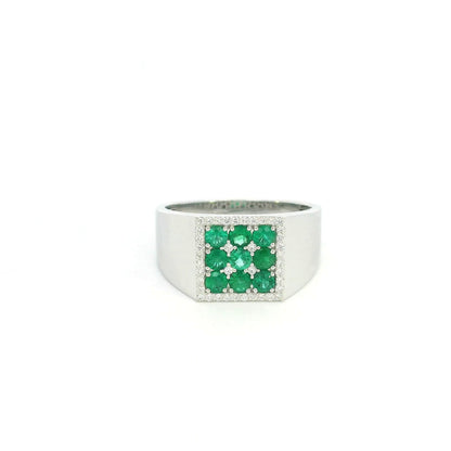 Men’s emerald and diamond signet ring in 18K white gold with nine round emeralds framed by natural diamonds.