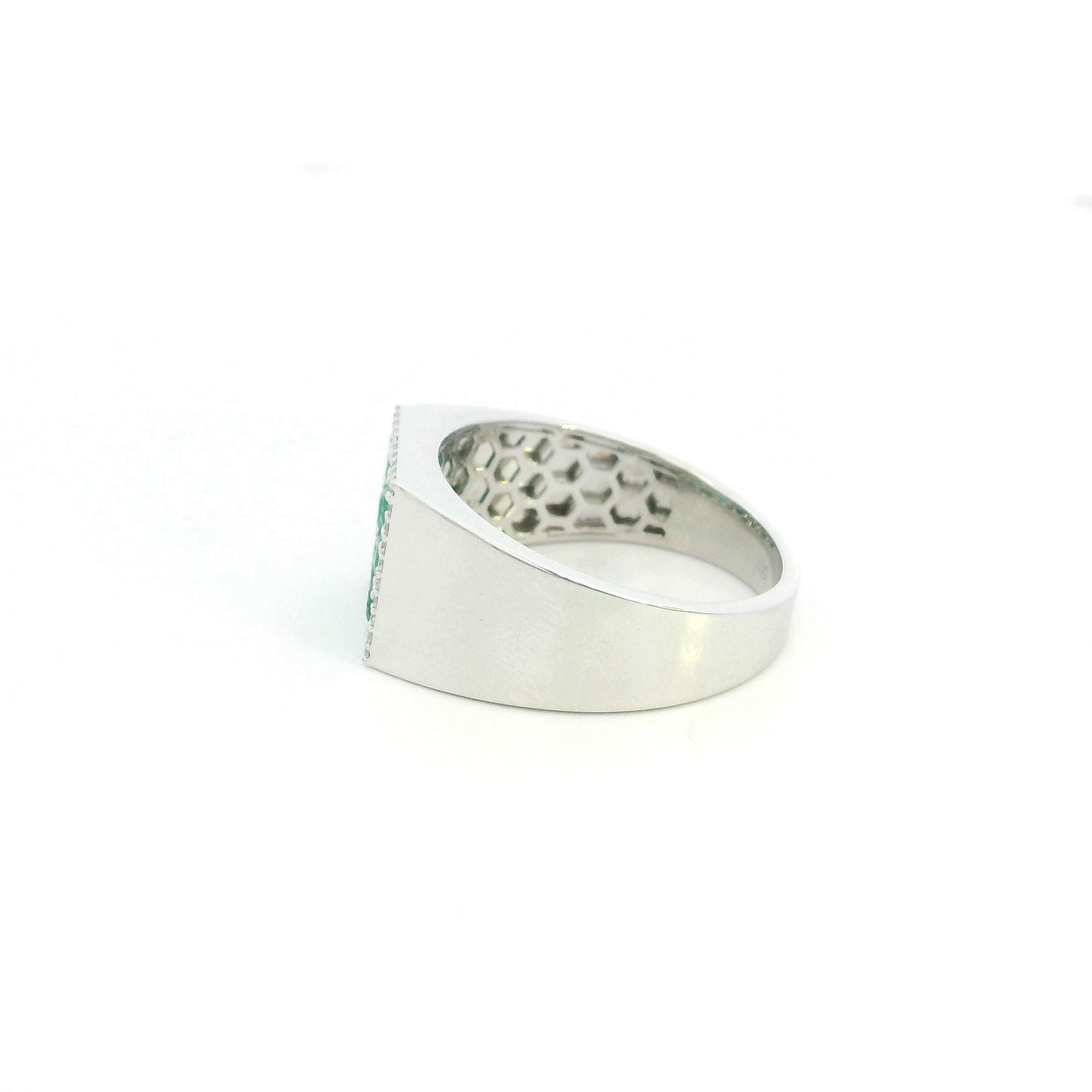 Men’s emerald and diamond signet ring in 18K white gold with nine round emeralds framed by natural diamonds.